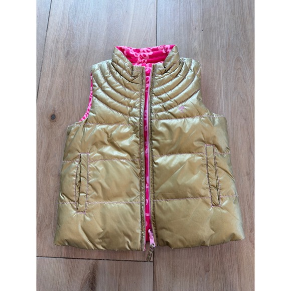 Lilly Pulitzer Other - Lilly Pulitzer Girls Reversible Puffer Vest Gold Metallic Pink Palm Tree Print